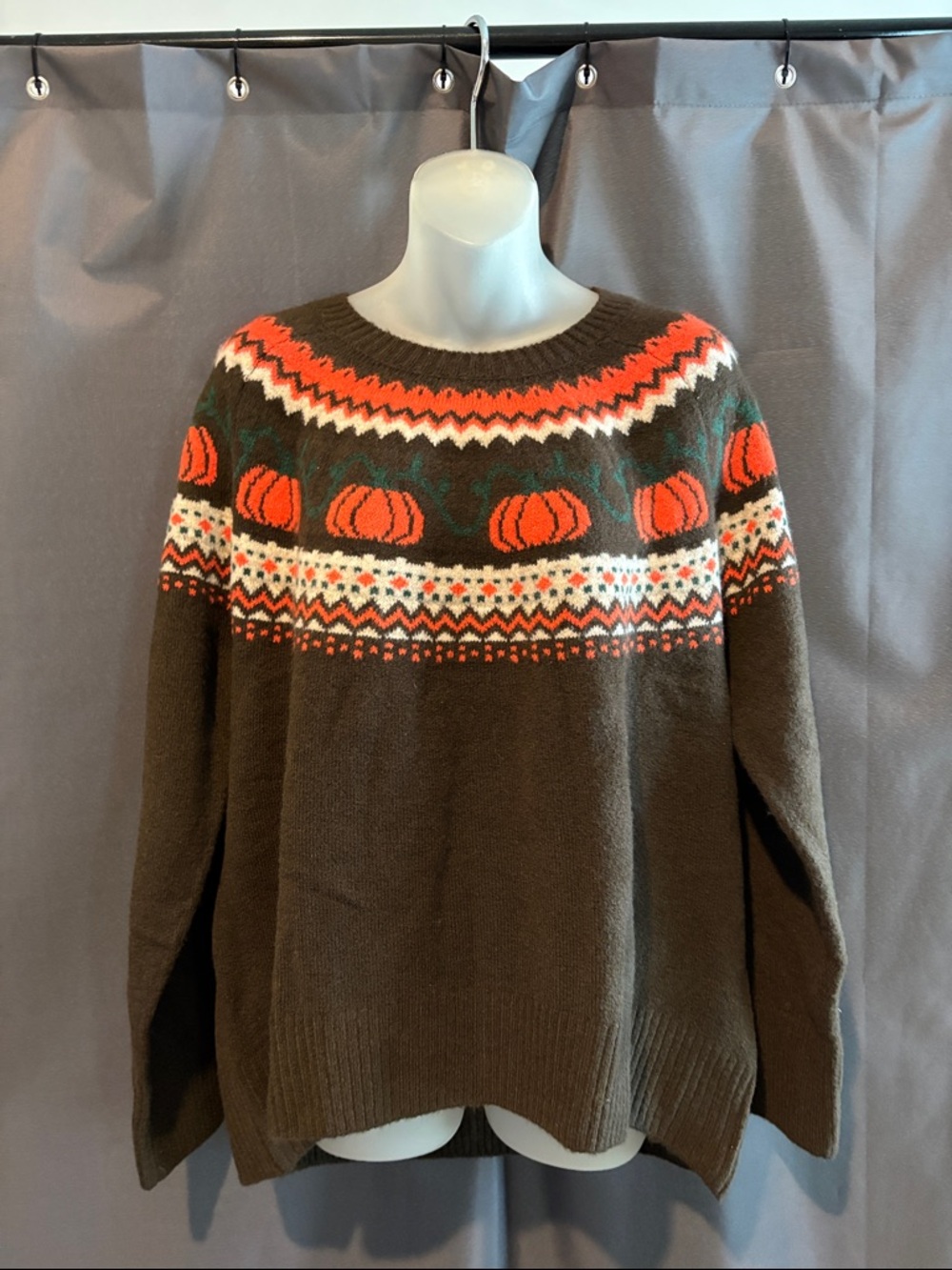 Vince Camuto Brown Crewneck Sweater with Orange Pumpkin Fair Isle Yoke